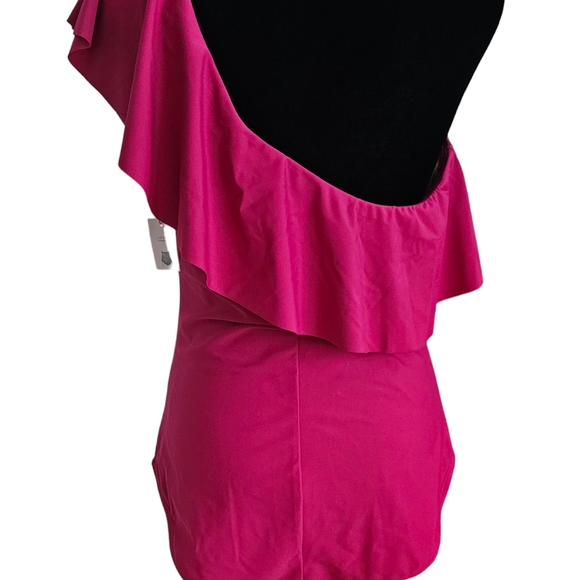 KONA SOL Women's Ruffle One Shoulder Full Coverage One Piece Swimsuit Pink L - Picture 5 of 10